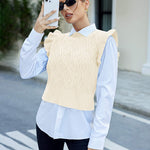 Women's Sweater Vests Round Neck Ruffle Cable Knit Cropped Tops Sleeveless Sweater S-XXL - Nadorine (Us Only)