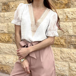 Womens V Neck Puff Short Sleeve Tops Swiss Dots Chiffon Lace Neckline Shirts Blouses - Nadorine (Us Only)