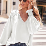 Nadorine Blouses Puff Long Sleeve Pleated V Neck Tunic Tops