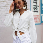 Tie Knot Front Tops Cotton Blouse Shirts - Nadorine (Us Only)