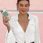 Women's Deep V Neck Shirt Button Front Blouse Bell Long Sleeve Tops - Nadorine (Us Only)