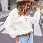 Nadorine Women V Neck Sweater Lantern Sleeve Drop Shoulder Oversized Henley Knit Pullover Tops S-XXL