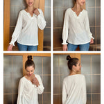 Nadorine Women Casual V Neck T-Shirts Ruffle Long Sleeve Shirt Eyelet Loose Blouses S-XXL