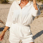 Linen Shirt Elastic Waist Casual Shorts Set - Nadorine (Us Only)