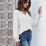 Nadorine Women Casual V Neck T-Shirts Ruffle Long Sleeve Shirt Eyelet Loose Blouses S-XXL