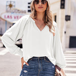 Nadorine Blouses Puff Long Sleeve Pleated V Neck Tunic Tops