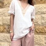 Womens V Neck Puff Short Sleeve Tops Swiss Dots Chiffon Lace Neckline Shirts Blouses - Nadorine (Us Only)