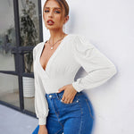 Women Sexy Bodysuits Long Sleeve V Neck Jumpsuits Tops Leotard Shirts - Nadorine (Us Only)