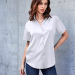 Nadorine Women Satin Shirt V-Neck Short Sleeve Button Down Shirt Casual Loose Office Silk Tops  (Us Only)