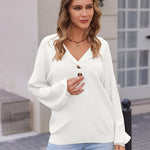 Nadorine Women V Neck Sweater Lantern Sleeve Drop Shoulder Oversized Henley Knit Pullover Tops S-XXL