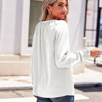 Nadorine Blouses Puff Long Sleeve Pleated V Neck Tunic Tops