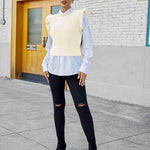 Women's Sweater Vests Round Neck Ruffle Cable Knit Cropped Tops Sleeveless Sweater S-XXL - Nadorine (Us Only)