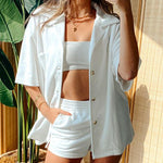 Linen Shirt Elastic Waist Casual Shorts Set - Nadorine (Us Only)