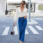 Women Sexy Bodysuits Long Sleeve V Neck Jumpsuits Tops Leotard Shirts - Nadorine (Us Only)