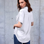 Nadorine Women Satin Shirt V-Neck Short Sleeve Button Down Shirt Casual Loose Office Silk Tops  (Us Only)