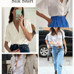 Nadorine Women Satin Shirt V-Neck Short Sleeve Button Down Shirt Casual Loose Office Silk Tops  (Us Only)