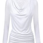 Womens Long Sleeve Ruched Top Slim Fitted Cowl Neck Wrap Shirts with Side Shirring - Nadorine (Us Only)