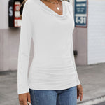 Womens Long Sleeve Ruched Top Slim Fitted Cowl Neck Wrap Shirts with Side Shirring - Nadorine (Us Only)