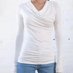 Womens Long Sleeve Ruched Top Slim Fitted Cowl Neck Wrap Shirts with Side Shirring - Nadorine (Us Only)