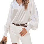 Women's Silk Shirts V Neck Shirred Lantern Sleeve Casual Work Blouse Tunic Tops - Nadorine (Us Only)