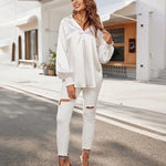 Women's Silk Shirts V Neck Shirred Lantern Sleeve Casual Work Blouse Tunic Tops - Nadorine (Us Only)