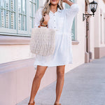 Linen Tunic Dress Shirts Boho Coverup Dresses with Belt - Nadorine (Us Only)