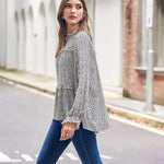 Women's Tops Casual Floral Print Long Sleeve Ruffle Loose Babydoll Shirt Blouse Tunic Top - Nadorine (Us Only)