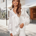 Women's Silk Shirts V Neck Shirred Lantern Sleeve Casual Work Blouse Tunic Tops - Nadorine (Us Only)