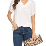 Women's Casual Tunic Summer Short Sleeve Chiffon Top Loose V Neck Dressy Office Work Shirt Blouse - Nadorine (Us Only)