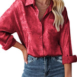 Satin Silk Shirt Floral Button Down Blouse - Nadorine (Us Only)