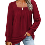 Nadorine Long Sleeve Shirts Square Neck Pleated Tunic Tops