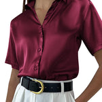 Nadorine Women Satin Shirt V-Neck Short Sleeve Button Down Shirt Casual Loose Office Silk Tops  (Us Only)