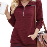 Womens Quilted Sweatshirts Quarter Zip Pullovers Lightweight Long Sleeve Stand Collar Tops with Kangaroo Pocket - Nadorine (Us Only)