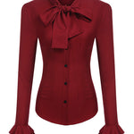 Women Bow Tie Neck Blouses Ruffle Long Sleeve Shirts Button-Down Office Work Casual Tops XS-3XL - Nadorine (Us Only)