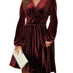 Nadorine Velvet Dress V-Neck Long Sleeve Stretch Mini Dress