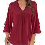 Nadorine 3/4 Sleeve Ruffle V Neck Flowy Floral Mesh Blouses