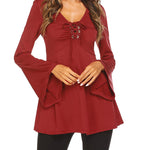 Nadorine Women's Sexy V-Neck Pleated Front Long Bell Sleeve Blouse Tops