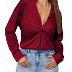 Satin V Neck Twist Front Silk Shirts - Nadorine (Us Only)