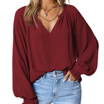 Nadorine Blouses Puff Long Sleeve Pleated V Neck Tunic Tops