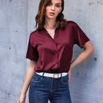 Nadorine Women Satin Shirt V-Neck Short Sleeve Button Down Shirt Casual Loose Office Silk Tops  (Us Only)
