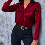 Satin V Neck Twist Front Silk Shirts - Nadorine (Us Only)