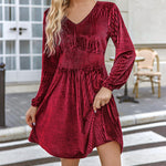 Nadorine Velvet Dress V-Neck Long Sleeve Stretch Mini Dress