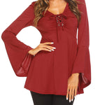 Nadorine Women's Sexy V-Neck Pleated Front Long Bell Sleeve Blouse Tops