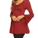 Nadorine Women's Sexy V-Neck Pleated Front Long Bell Sleeve Blouse Tops