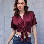 Nadorine Women Satin Shirt V-Neck Short Sleeve Button Down Shirt Casual Loose Office Silk Tops  (Us Only)