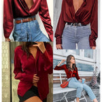 Satin V Neck Twist Front Silk Shirts - Nadorine (Us Only)