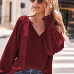 Nadorine Blouses Puff Long Sleeve Pleated V Neck Tunic Tops