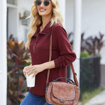 Womens Quilted Sweatshirts Quarter Zip Pullovers Lightweight Long Sleeve Stand Collar Tops with Kangaroo Pocket - Nadorine (Us Only)