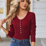 Nadorine Sweaters Ribbed Knit Long Sleeve Henley Shirts