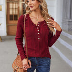 Nadorine Sweaters Ribbed Knit Long Sleeve Henley Shirts